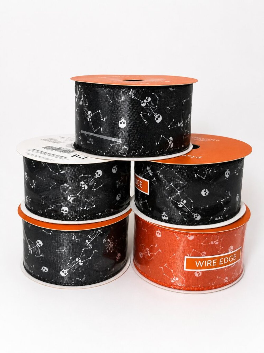 Halloween Skeleton Wired Edge Ribbon Spool Bundle Lot Spooky Black Orange Craft